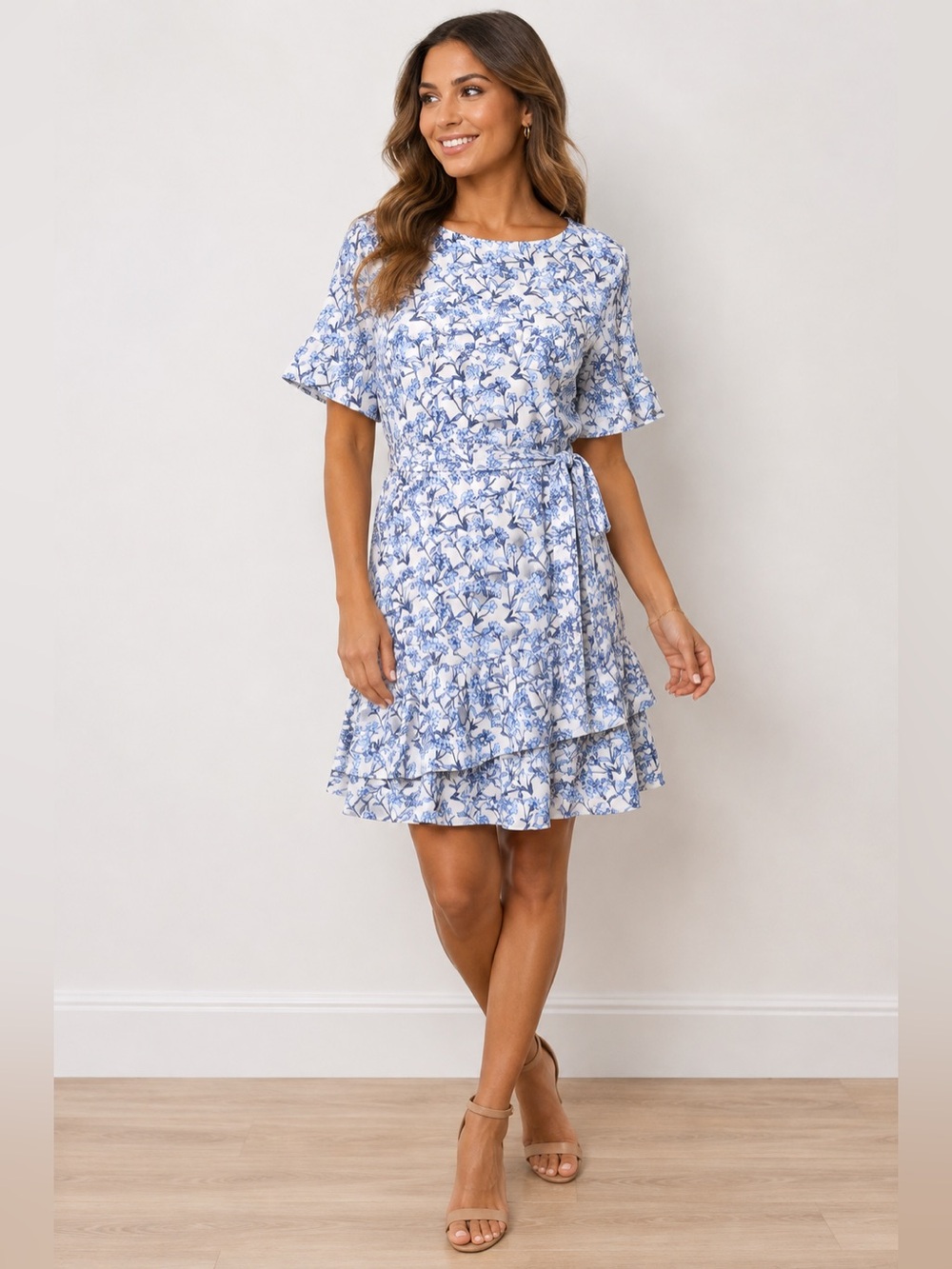 Banana Republic Women's Blue Floral Print Ruffle Hem Dress size 8 NWT